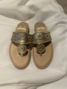 Jack Rogers Metallic Gold Thong Sandals with Signature Medallion